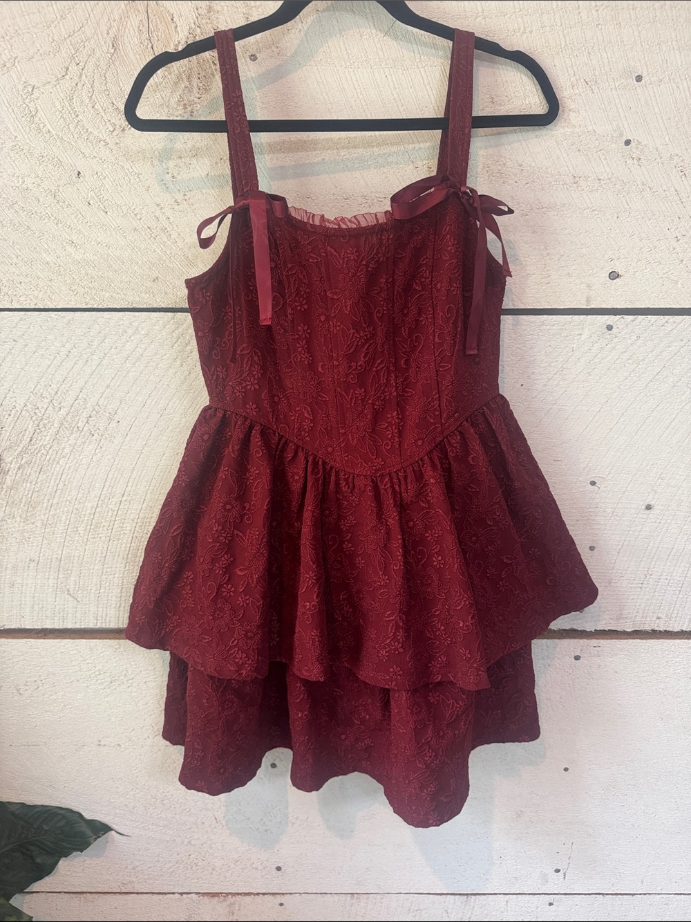 Trixxi Burgundy Lace Tiered Sundress with Bow Straps
